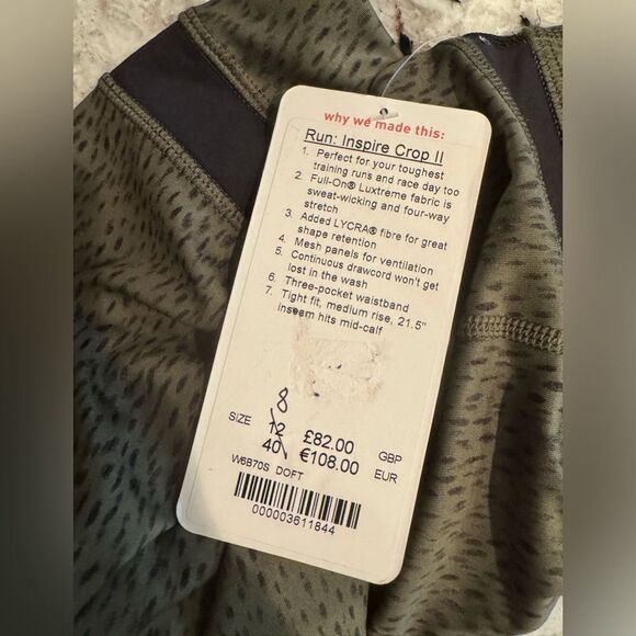 NWT New LULULEMON Run Inspire Crop II Leggings Dottie Dash Fatigue Green Black 6 - Picture 9 of 9